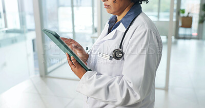 Buy stock photo Hands, doctor and woman with tablet for healthcare, assessment report and admin email in clinic. Research, hospital and person with tech to review diagnosis update, test info or medical records