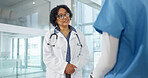 Medical, advice or team in hospital with chat, task briefing or patient update in treatment plan. People, nurse or doctor with guidance, clinical coordination or healthcare discussion in post surgery