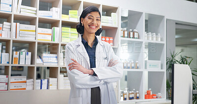 Buy stock photo Portrait, chemist and happy woman in pharmacy with arms crossed, healthcare career and experience. Pharmacist, smile and female person in drugstore with confidence, about us or knowledge of medicine.