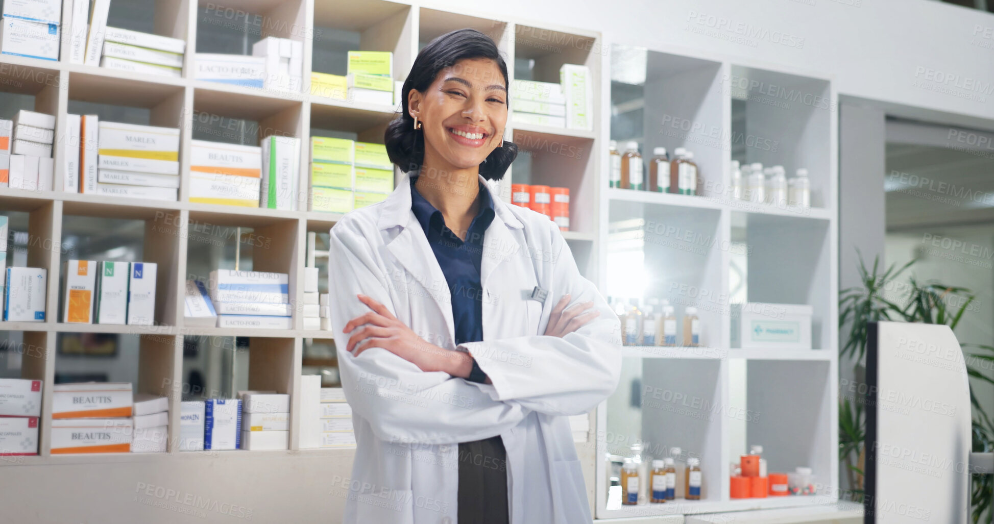 Buy stock photo Portrait, chemist and happy woman in pharmacy with arms crossed, healthcare career and experience. Pharmacist, smile and female person in drugstore with confidence, about us or knowledge of medicine.