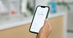 Hands, person and phone screen for pharmacy order, collection and prescription for healthcare. Patient, display and mobile app for medicine pickup, medical reminder and tracking package for ecommerce