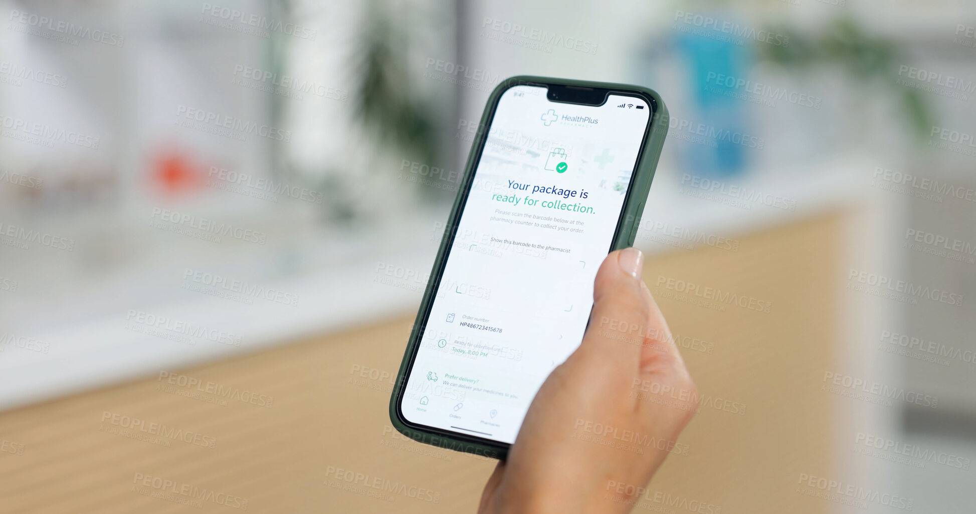 Buy stock photo Hands, person and phone screen for pharmacy order, collection and prescription for healthcare. Patient, display and mobile app for medicine pickup, medical reminder and tracking package for ecommerce