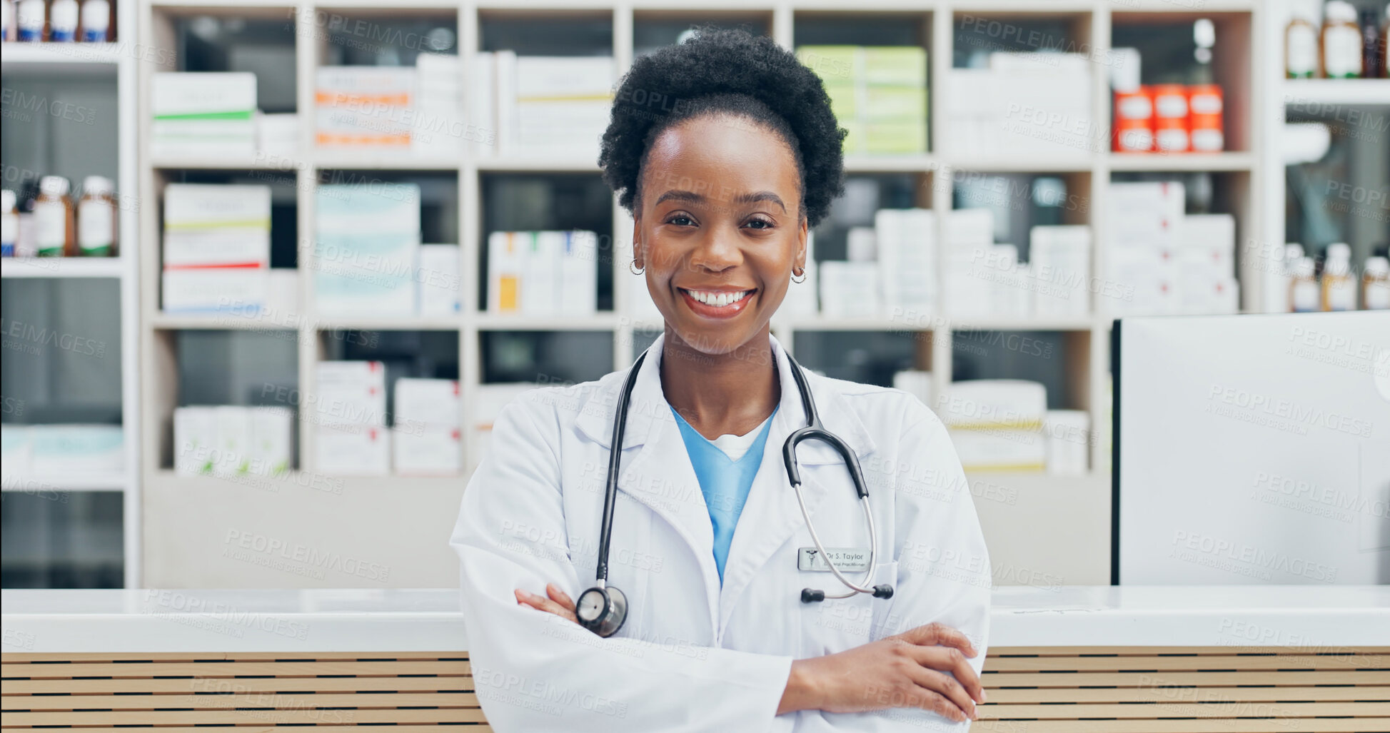 Buy stock photo Medical, portrait or black woman with arms crossed, pharmacy expert or pride as medicine specialist. Happy, health or doctor with confidence, pharmaceutical care or about us in clinical management.