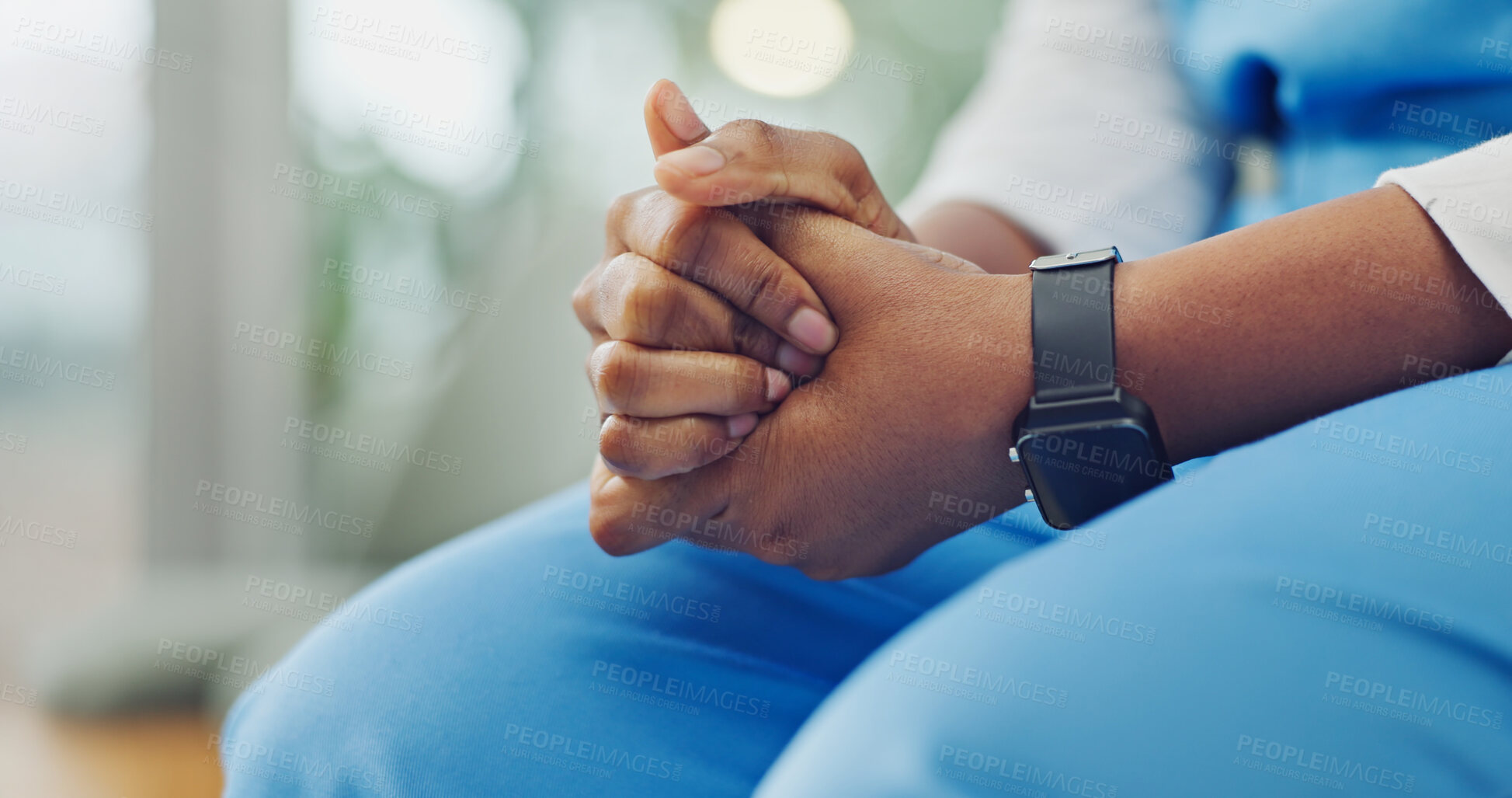 Buy stock photo Nurse, hands or caregiver with regret, doubt or nervous for medical news or health procedure. Bokeh, doctor or stress with anxiety for healthcare support, decision or recovery in rehabilitation