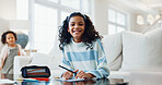 Portrait, student and happy girl with homework for learning, school assessment or education. Learner, child or studying with paper, smile or stationery for exam, test or academic assignment in house
