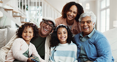 Buy stock photo Happy, portrait and parents with children, grandparents and smile for bonding, visit and connection. Family, generations and kids with mom, grandma and grandpa for love, support and trust in home