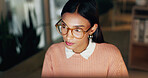 Glasses, reading and planning with business woman in office for night, revenue report and online. Portfolio research, overtime and investor project with employee in agency for asset management space