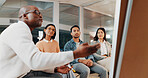 Presentation, whiteboard and business people in office with speaker for meeting, workshop or planning. Creative, startup and workers with manager for brand campaign, advertising and marketing ideas