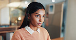 Research, reading and online with business woman in office for night, revenue report and planning. Portfolio review, overtime and investor project with employee in agency for asset management space
