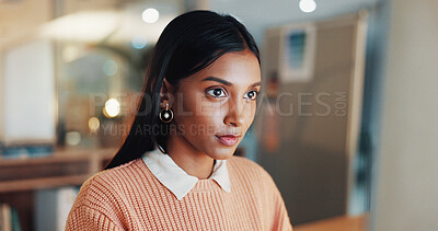 Buy stock photo Research, reading and online with business woman in office for night, revenue report and planning. Portfolio review, overtime and investor project with employee in agency for asset management space