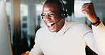 Telemarketing, man and fist pump in office with computer, sales target and lead generation success. Happy, black person and celebration in call center with pc, customer acquisition and revenue goals.