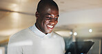 Happy, tablet and business man at night for financial report, research and news for stock market. Office, glass and black person on tech for planning, budget review or finance proposal for investment