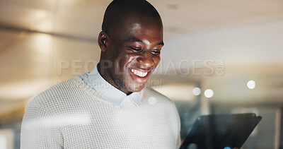 Buy stock photo Happy, tablet and business man at night for financial report, research and news for stock market. Office, glass and black person on tech for planning, budget review or finance proposal for investment
