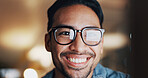Glasses, reading and smile with business man in office for night, revenue report and planning. Portfolio research, overtime and investor project with employee in agency for asset management space