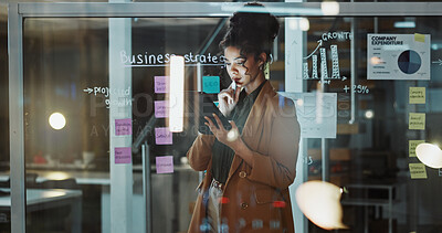 Buy stock photo Thinking, business and woman on tablet by glass for expense report, strategy and budget planning. Night, tech and person with sticky notes for solution, research and project management in office