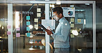Reading, business and man on tablet by window for finance review, budget planning and research. Night, tech and person with sticky notes for profit growth, deadline and financial strategy in office