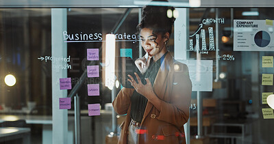 Buy stock photo Happy, business and woman on tablet in glass office for finance review, budget planning and research. Night, tech and person with sticky notes for profit growth, deadline and financial strategy