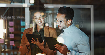 Buy stock photo Night, window and business people on tablet for planning, brainstorming and team meeting for agenda. Marketing, glass office and workers with tech, sticky notes and strategy for project management