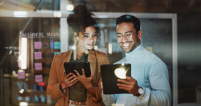 Buy stock photo Glass, happy and business people on tablet for planning, strategy and agenda for project management. Night, office and workers with tech, sticky notes and ideas for marketing, campaign and schedule