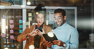 Buy stock photo Glass, laugh and business people on tech for planning, strategy and agenda for project management. Night, office and workers with tablet, sticky notes and joke for marketing, funny meeting and humor