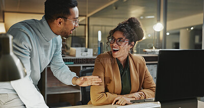 Buy stock photo Surprised, team and people with computer in business, online or happy for financial success at night. Accountant, working late and colleagues with technology, shocked and audit achievement in office