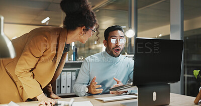 Buy stock photo Surprised, team and business people with laptop at night, info or happy for financial success on web. Accountant, working late and colleagues with technology, shocked and audit achievement in office