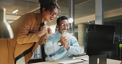 Buy stock photo Team, clapping and business people with laptop at night, info or happy for financial success on web. Accountant, working late and colleagues with technology, excited and audit achievement in office