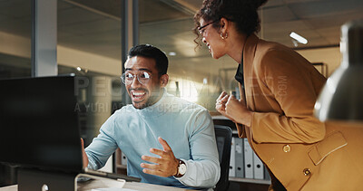 Buy stock photo Team, success and business people with laptop at night, surprise or happy for financial development. Accountant, working late and colleagues with technology, excited and audit achievement in office
