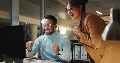 Buy stock photo Computer, fist pump and success with business people in office at night for goals or target. Celebration, collaboration and milestone with employee team in workplace for achievement, bonus or victory