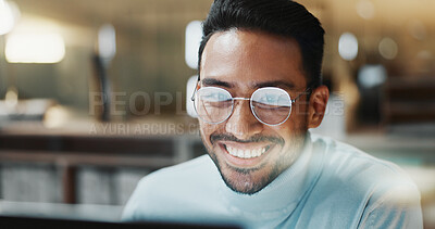 Buy stock photo Night, man or happy with computer in office for breaking news, draft editing or story deadline. Overtime, glasses or editor with tech at media agency for article approval, fact checking or submission