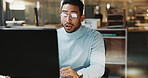 Night, man or shock with computer in office for phishing email, security breach or banking fraud. Glasses, accountant or surprised with tech on overtime for missing audit report, job risk and stress