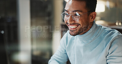 Buy stock photo Night, man or smile with computer at agency for breaking news, draft editing or story deadline. Overtime, glasses or happy editor with tech for article approval, fact check blog and creative project