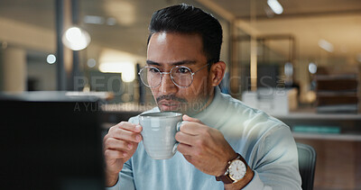 Buy stock photo Computer, night and business man with coffee for energy with finance report, deadline and audit. Office, reading and person with caffeine drink for working late, budget planning or financial proposal