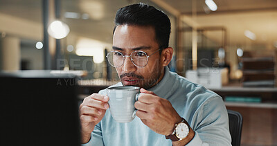 Buy stock photo Computer, office and businessman with coffee at night with finance report, deadline and audit. Glasses, reading and person with caffeine drink for working late, budget planning and financial proposal