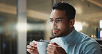 Coffee, reading and glasses with business man in office for research, caffeine break and night. Online, drink and overtime with male person and mug in agency for project, planning and beverage
