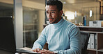 Laptop, serious and business man typing online for research, assessment and financial career. Male person, accounting and technology for budget planning, evaluation and review information or report