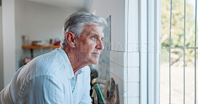 Buy stock photo Thinking, window and relax with old man in kitchen of home for reflection, mindfulness and morning vision. Perspective, memory and retirement with senior person in house for decision and idea