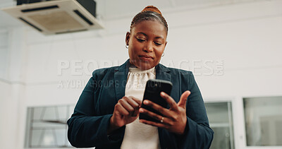 Buy stock photo Phone, reading and business with black woman in office for account website, email and contact. Communication, portfolio advisor and trading project with employees for investment app and chat