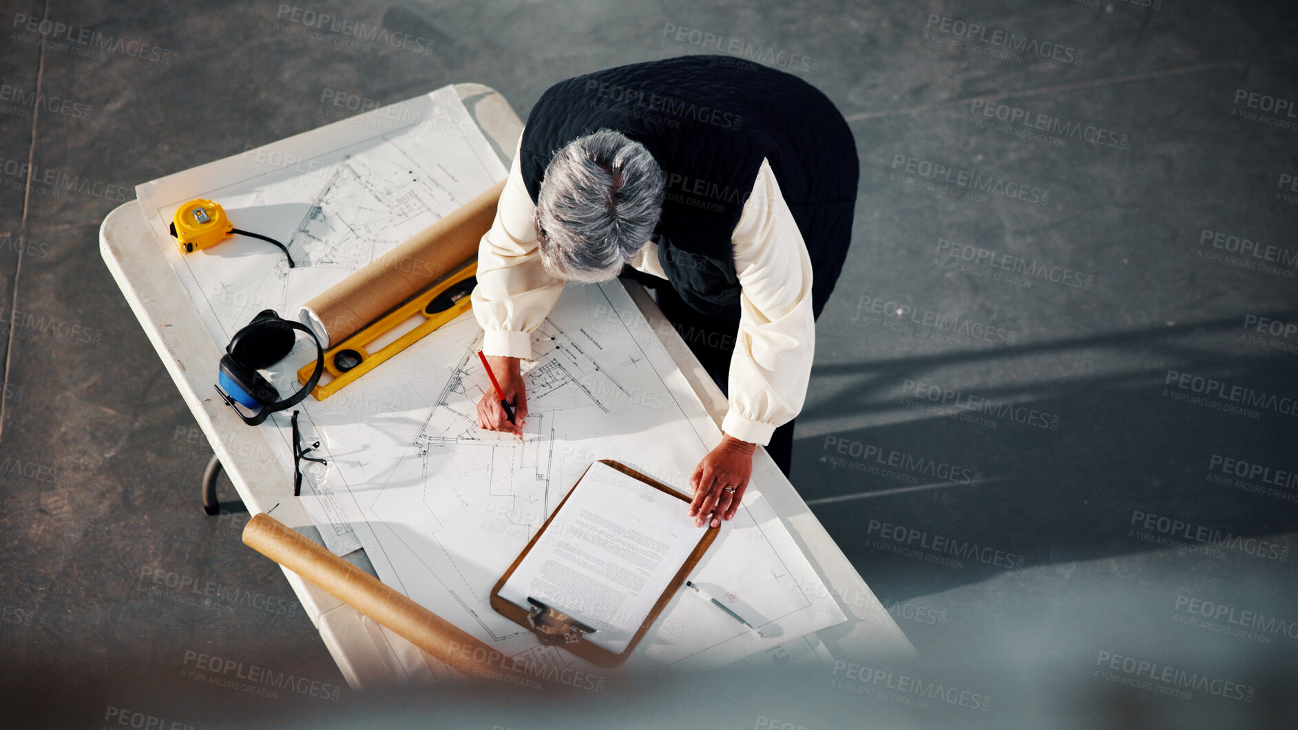 Buy stock photo Blueprint, architecture and drawing with above of woman for building, construction site and renovation. Remodeling project, progress report and floor plan with mature person for engineer and layout