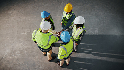 Buy stock photo Engineer, team building or stack hands at construction site for support, solidarity or collaboration. People, above and together for architecture, pile and development cooperation with motivation