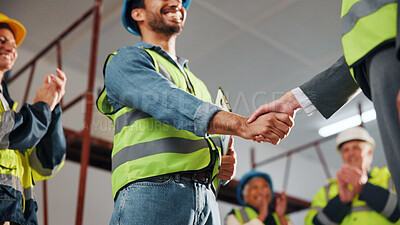 Buy stock photo Architect, smile and handshake with team in building, applause or celebration for renovation project. Happy people, clapping and shaking hands for construction success, civil engineering or low angle