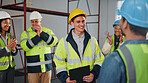 Architect, smile and applause with team in building, laughing or celebration for project achievement. Happy people, clapping and collaboration with colleagues, civil engineer and construction success