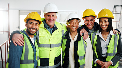 Buy stock photo Support, architect and team at site for construction with smile, building development or about us. Collaboration, engineer or happy people with solidarity, portrait or industrial workforce with unity