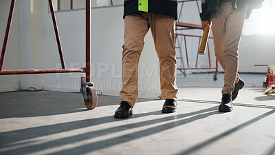 Buy stock photo Walking, team and engineer with legs of people in building for inspection, architect and project. Collaboration, construction and remodeling with contractor for property surveyor and renovation
