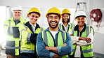 Laugh, man and group with arms crossed for construction, site leader and renovation collaboration. Project manager, engineers and confident with PPE for remodeling portrait, development team or happy