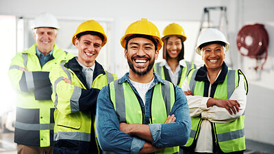 Buy stock photo Laugh, man and group with arms crossed for construction, site leader and renovation collaboration. Project manager, engineers and confident with PPE for remodeling portrait, development team or happy