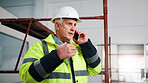 Technician, chat and man with phone call for architect schedule, renovation or inspection. Mature person, engineer and discussion with quality assurance, maintenance and tech for property management