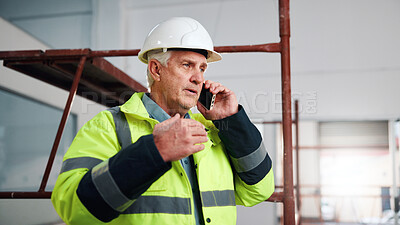 Buy stock photo Technician, chat and man with phone call for architect schedule, renovation or inspection. Mature person, engineer and discussion with quality assurance, maintenance and tech for property management