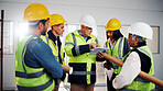 Architect, team and people with tablet in building, online or planning for renovation design on web. Civil engineering, collaboration and colleagues with tech, discussion and construction project