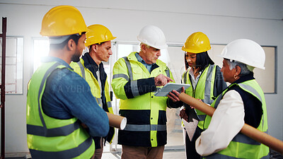 Buy stock photo Architect, team and people with tablet in building, online or planning for renovation design on web. Civil engineering, collaboration and colleagues with tech, discussion and construction project